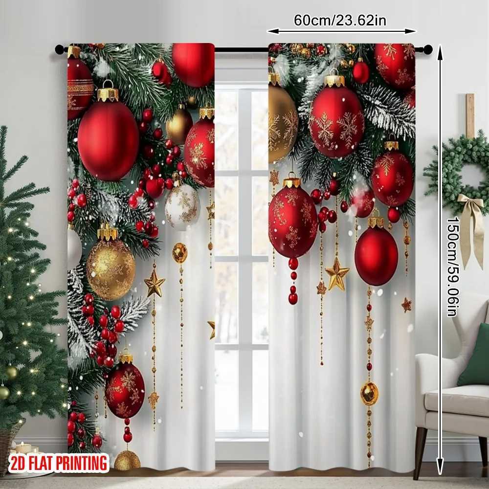 Curtain Christmas 2pcs 2D flat printing Fashionable Christmas Curtains Red and Gold Ball Pine Branch Snowflake Digital Printed Polyester Drapes Y25112