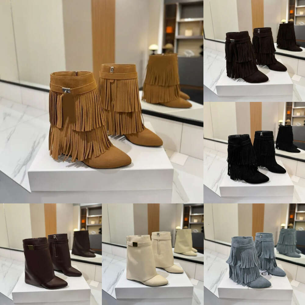Master's Latest designer Women's Ankle Fringe-Trimmed Rolled-Cuff Boots Satin-Finish Genuine Cowhide Leather Buckle Detail Wedge Heel Mid-Calf fashion booties