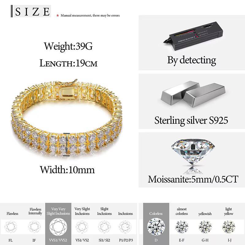 Dropshipping Fine Jewelry 2 Row 925 Sterling Silver Lab Grown VVS Moissanite Diamond Tennis Chain Bracelet for Men Women