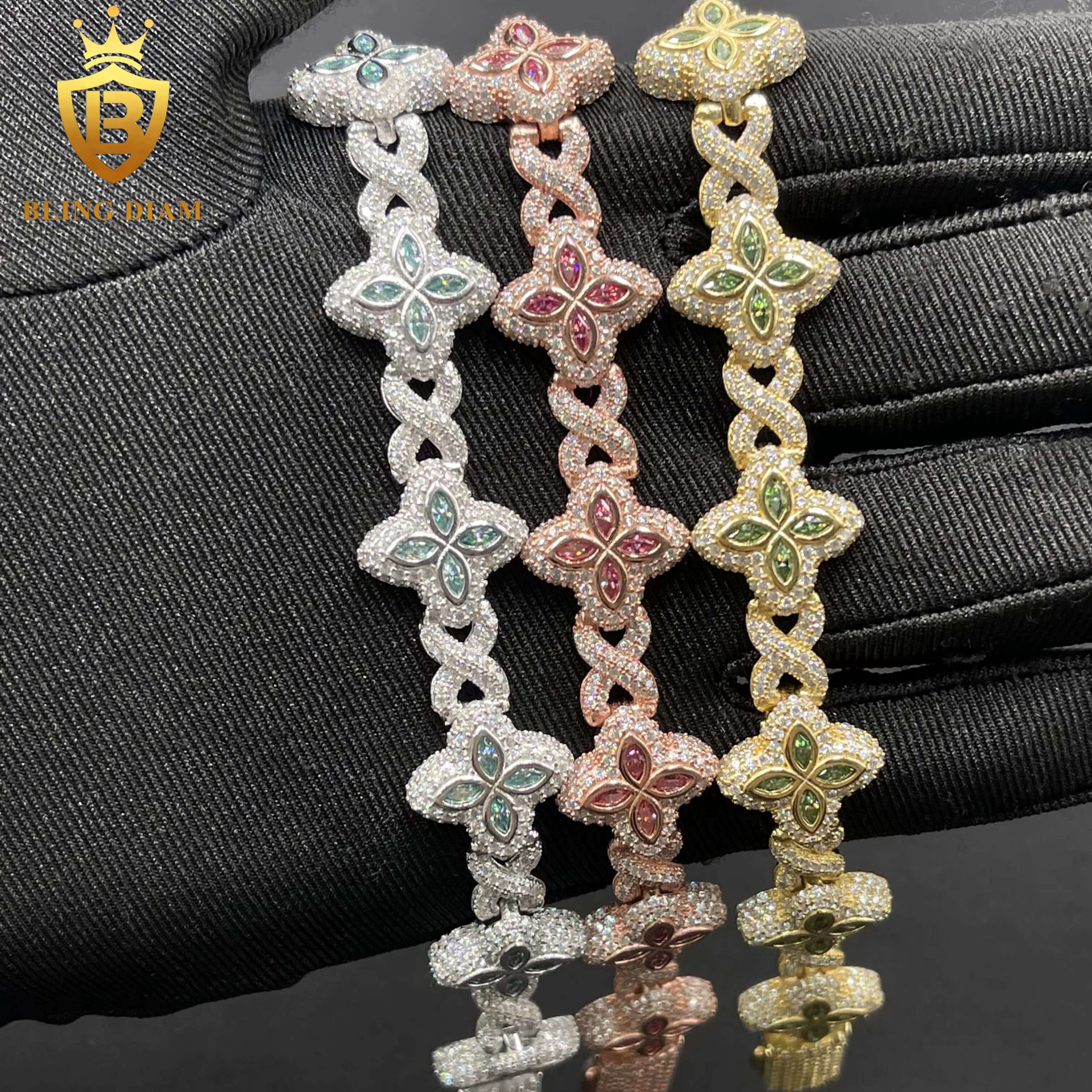 Blingdiam Jewelry 15mm Marquise Flower Design Four Leaf Clover 925 Silver Iced Out Moissanite Cuban Link Bracelet Men Women