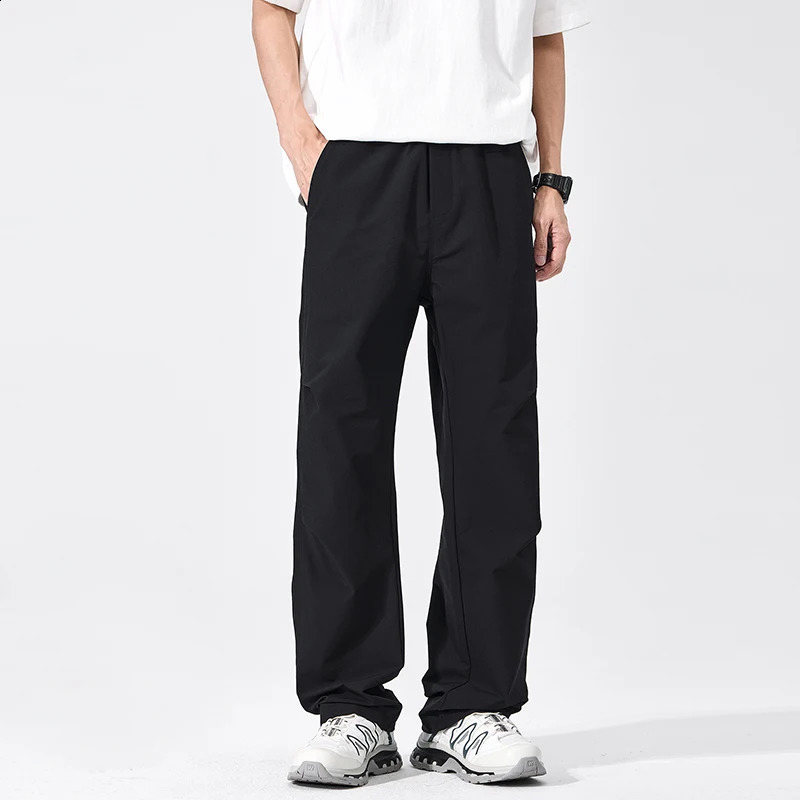 summer thin mens casual pants with elastic waist loose straight tube and micro elastic wide legs 250427