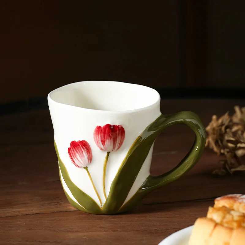 Hand-painted Tulip MUg High Quality Ceramic Cute Water Cup Girl Household Breakfast Milk Cups Kitchen Drinkware C251127