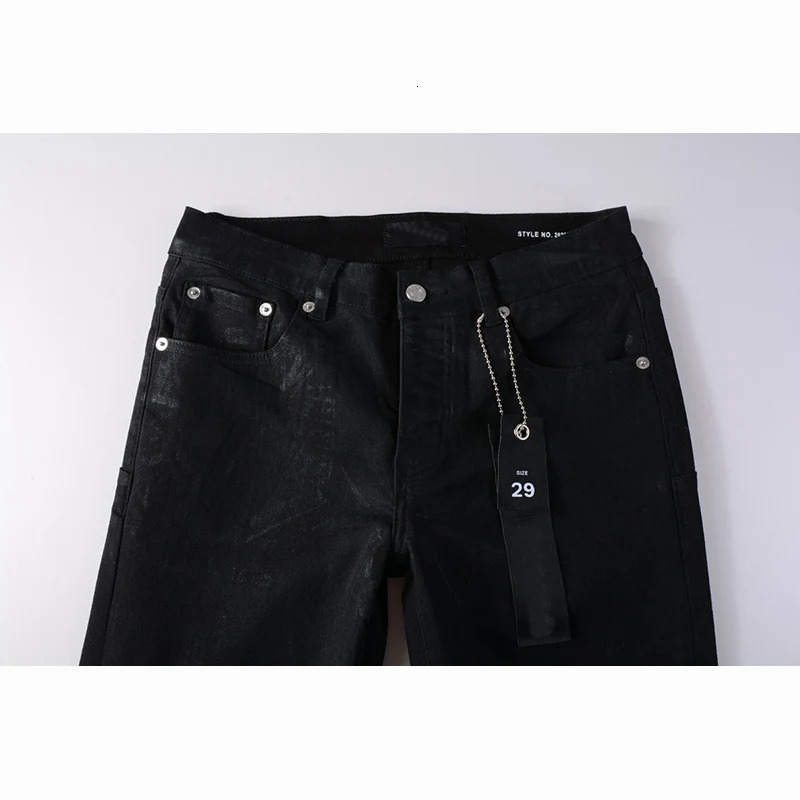 American Mens High Street Distressed Dark Black Coated Blank Stretch Skinny Button Fly Ripped Jeans Pants 251209