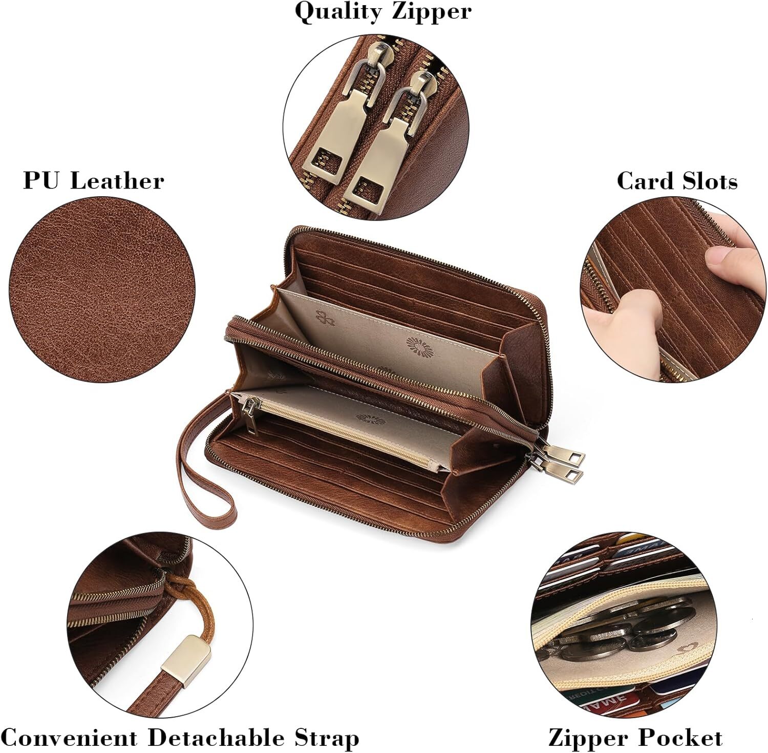 GAEKEAO Women's RFID Shielded Leather Wristband Wallet Large Capacity Credit Card Bag with Hand Strap, A01 Brown, Classic