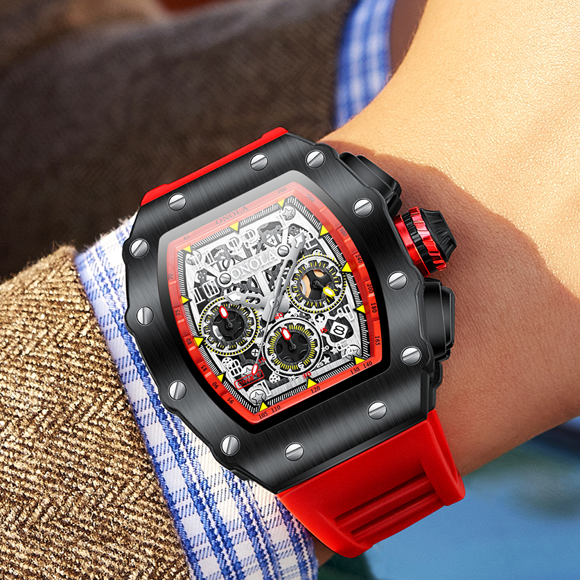 Luxury Tonneau Chronograph Sport Watch Rich Mike Style, Mechanical Automatic Movement, Rhinestone Bezel, Skeleton Dial, Waterproof Outdoor Timepiece w