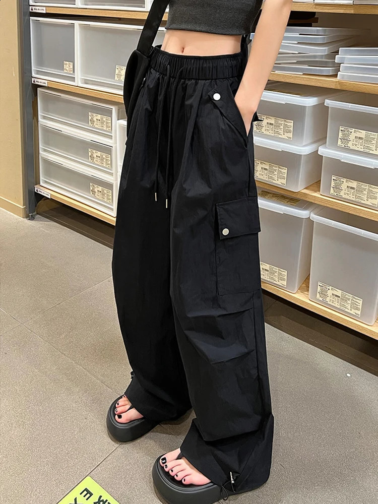 Street Clothing Parachute Cargo Pants Womens Y2K High Waist Loose Solid Pocket Wide Leg Pants 250427