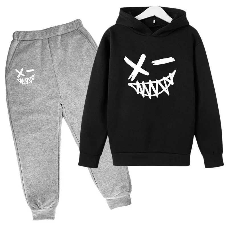 2025 Evil Smile Print Childrens Hooded Sweatshirt Pants 2-piece Set Boys Girls Autumn Winter Casual Outdoor Warm Sportswear Q251127