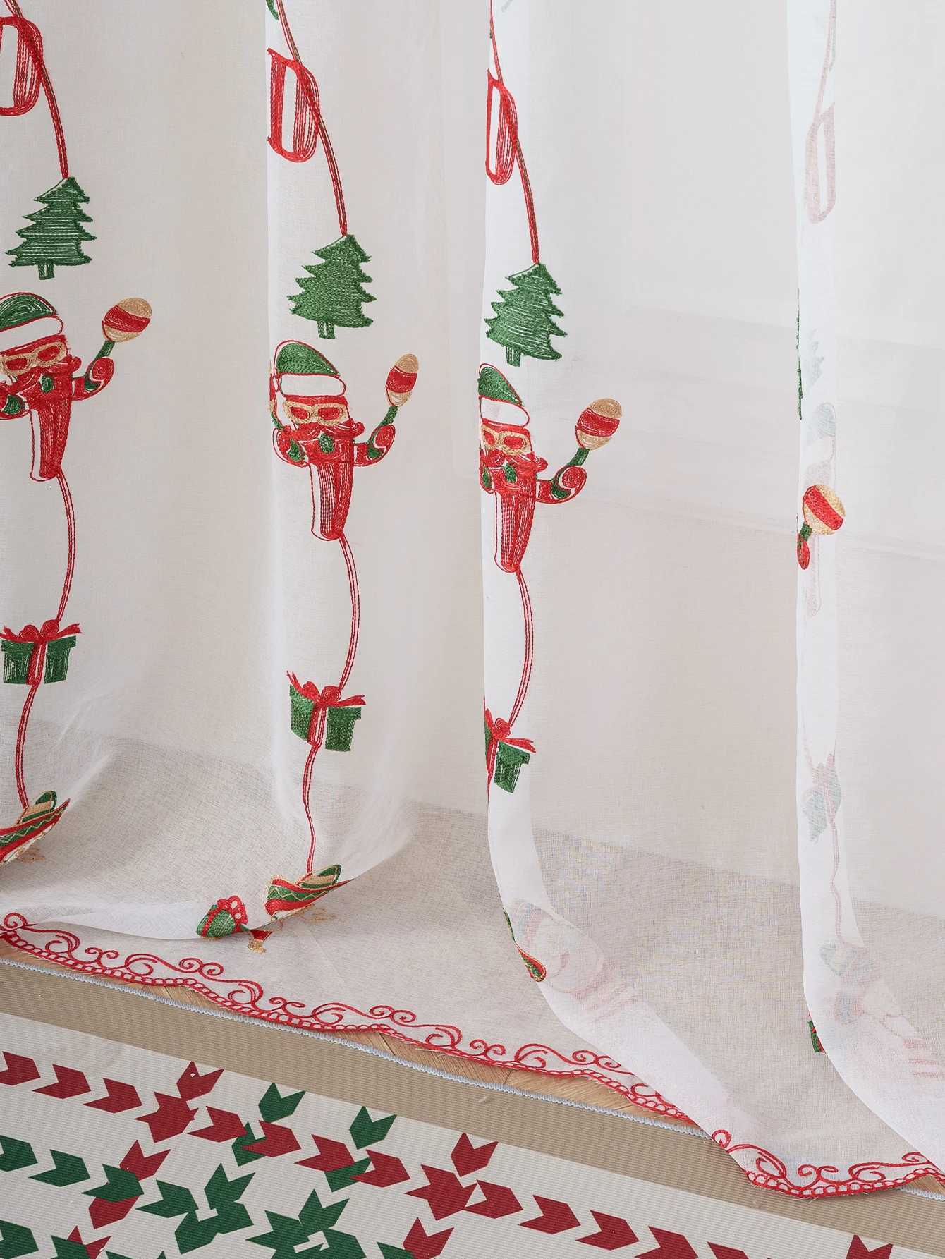 Curtain Christmas 1PC Cartoon Santa Claus Christmas Lace Embroidered Thin Curtain for Bedroom And Living Room Holiday Decorative Window Treatment Y251