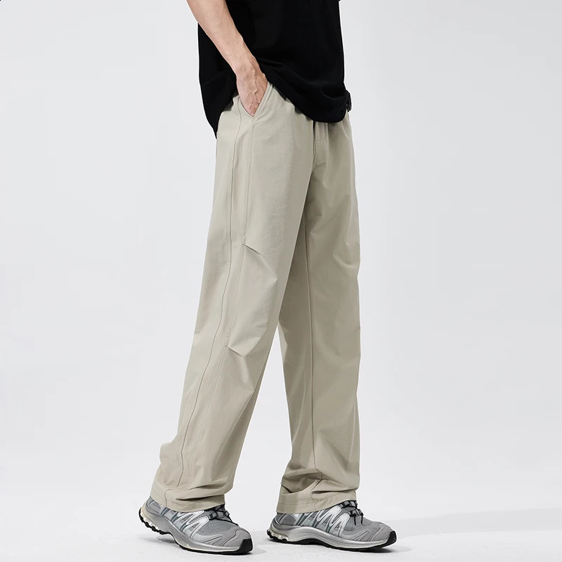 summer thin mens casual pants with elastic waist loose straight tube and micro elastic wide legs 250427