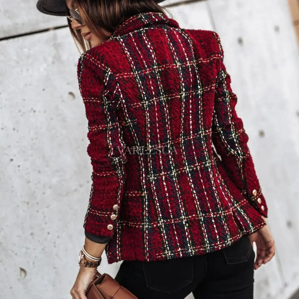 Vintage Women Tweed Coat Plaid Print Double Breasted Casual Buttons Spring Slim Fit Flap Pocket Formal Lady Blazer 251126