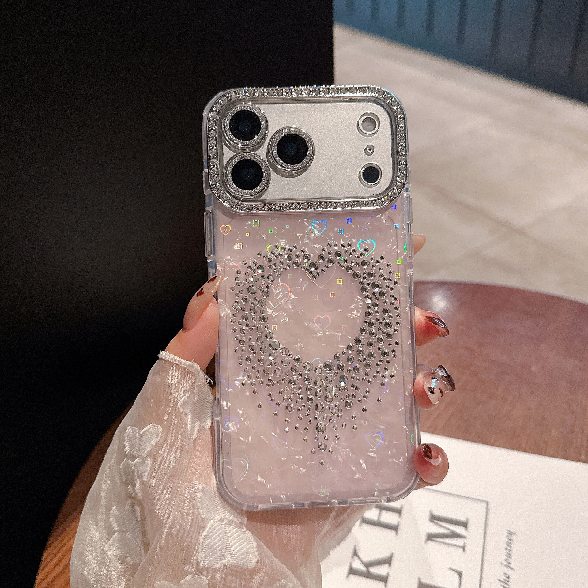 Inlaid Heart Phone Case iPhone 17 Pro Max Compatible with Apple 16 Pro Full Coverage Diamond Frame 15