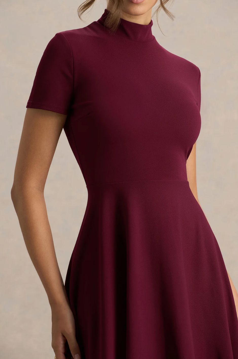 Burgundy Turtleneck Midi Dress: Premium Stretch Fabric, Asymmetric High-Low Hem, Slim-Fit Flared Skirt for Elegant Formal & Casual Occasions-L8
