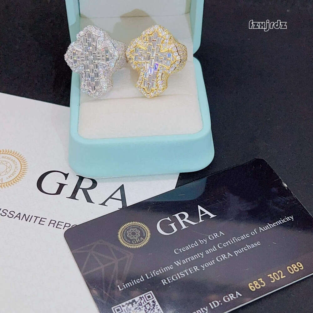 Hip Hop Jewelry Baguette Dia Cross Rings Iced Out Moissanite Sterling Sier Ring for Men and Women