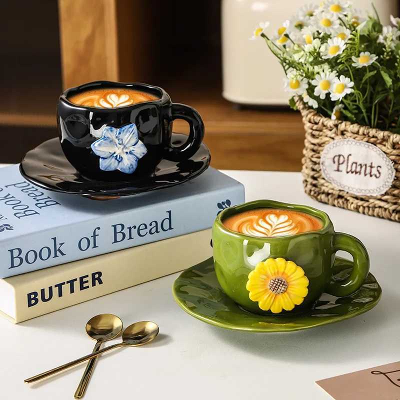 Creative Hand-held Embossed Flower Coffee Cup Home Ceramic Cup and Saucer Set Living Room Coffee Table Decoration Accessories C251127
