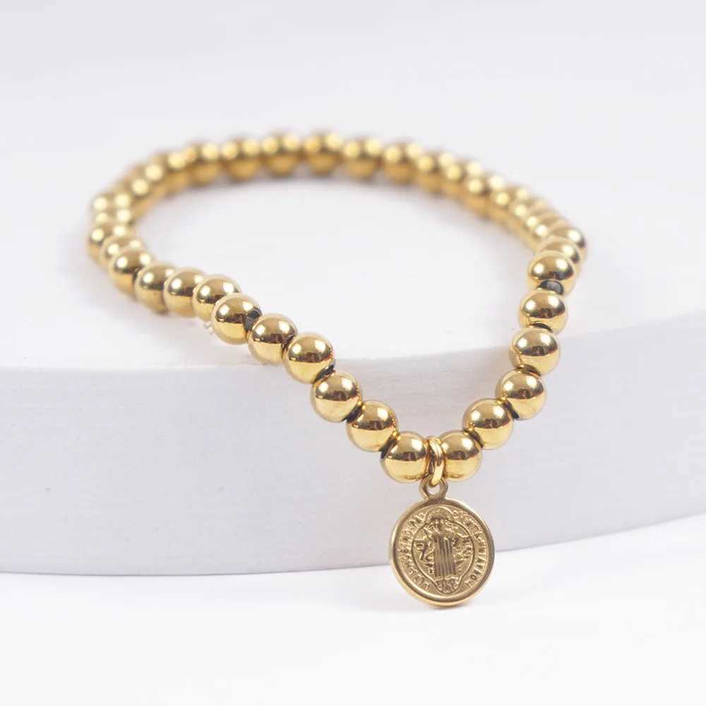 Stainless Steel San Benito Medal For Women Gold/Silver Color Metal St Benedict Cross 5mm Bead Chain Pulseira C251105