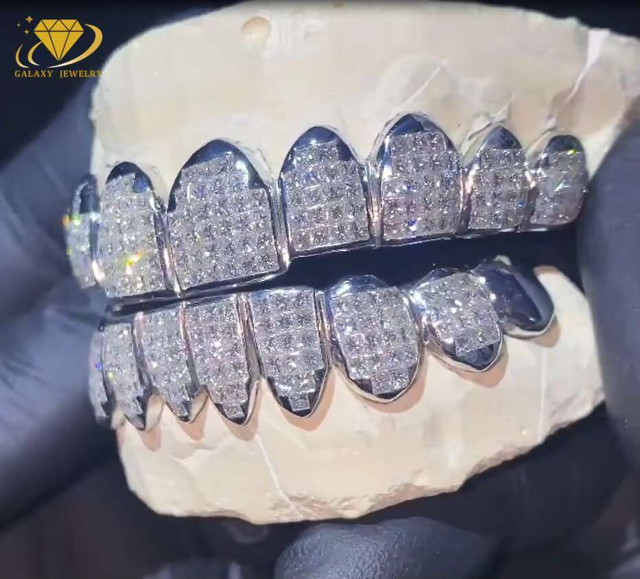 Hip Hop Iced Out Diamond Princess Cut Moissanite Grillz 10K 14K 18K Gold 925 Silver Invisible Custom Teeth Grillz
