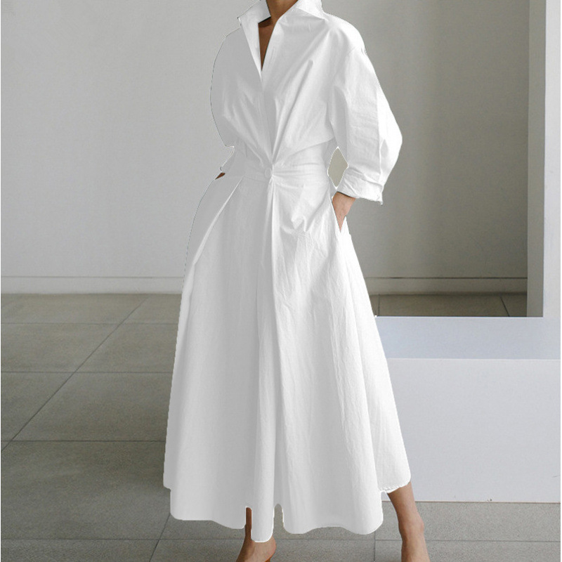 X11122Popular plus size commuter fashion POLO collar lining nine-point sleeve loose swing dress