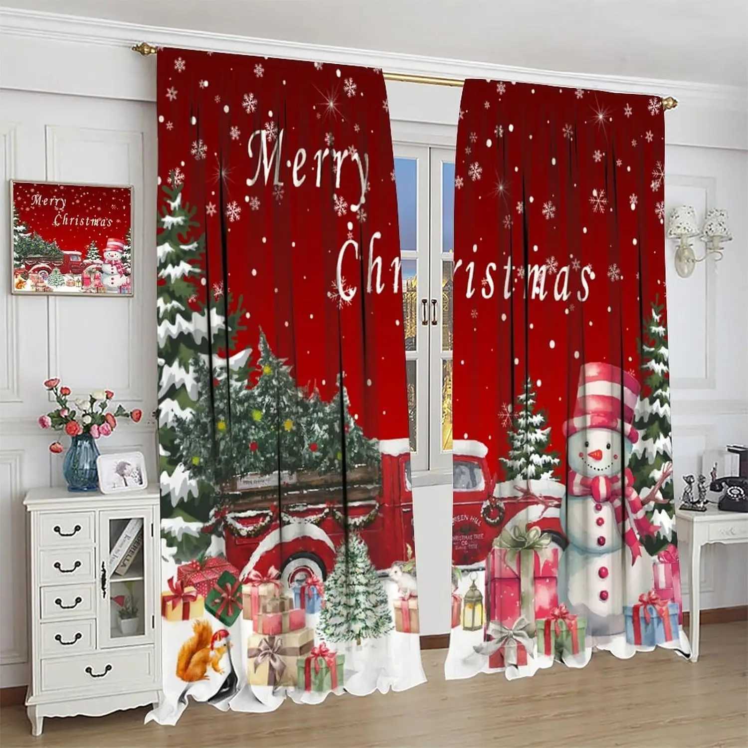 Curtain Christmas Red Christmas Curtains Winter Holiday Snowman Window Treatments Drapes for Bedroom Living Room Xmas Tree Truck New Year Drapes Y2511