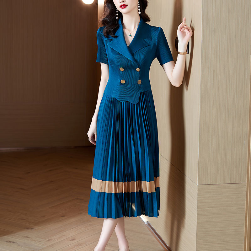 High-grade suit collar dress for women 2025 summer new Korean style slim temperament fashion splicing skirt D02306