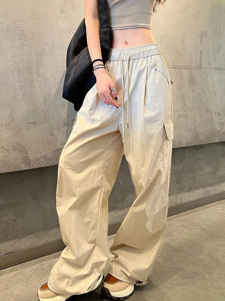 Street Clothing Parachute Cargo Pants Womens Y2K High Waist Loose Solid Pocket Wide Leg Pants 250427