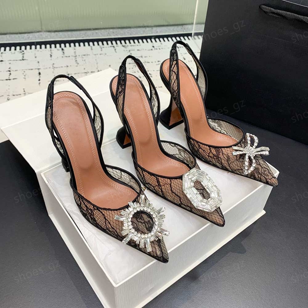 Designer Crystal-Embellished Ankle Strap High-heel sandals with bows Stiletto Heel Pointed toe Lace hollow sandals Luxury dress shoes