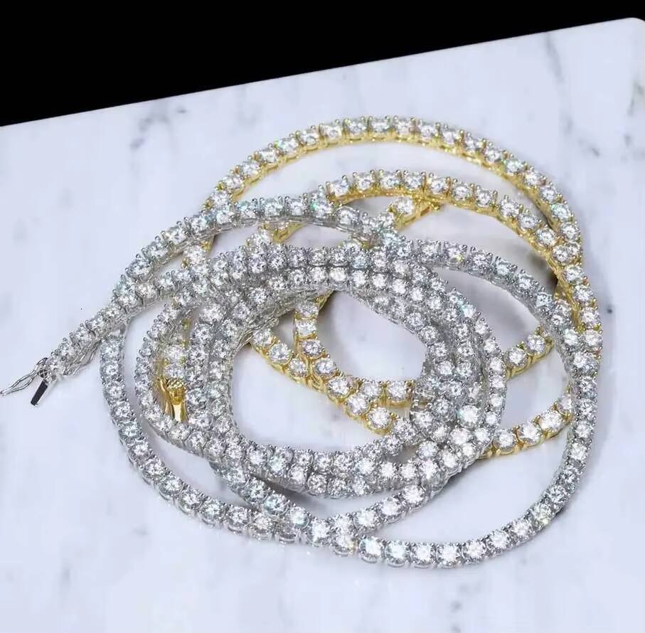 RB Gems 925 Sterling Silver VVS Moissanite Tennis Chain Necklace 2mm 65mm Fine Chains for Women and Men Gold Zircon Jewelry