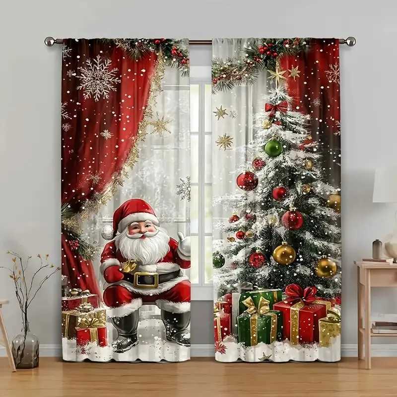 Curtain Christmas 2pcs - Christmas Santa Claus and holiday pattern printed curtains pole bag curtains home decoration room decoration Y251126