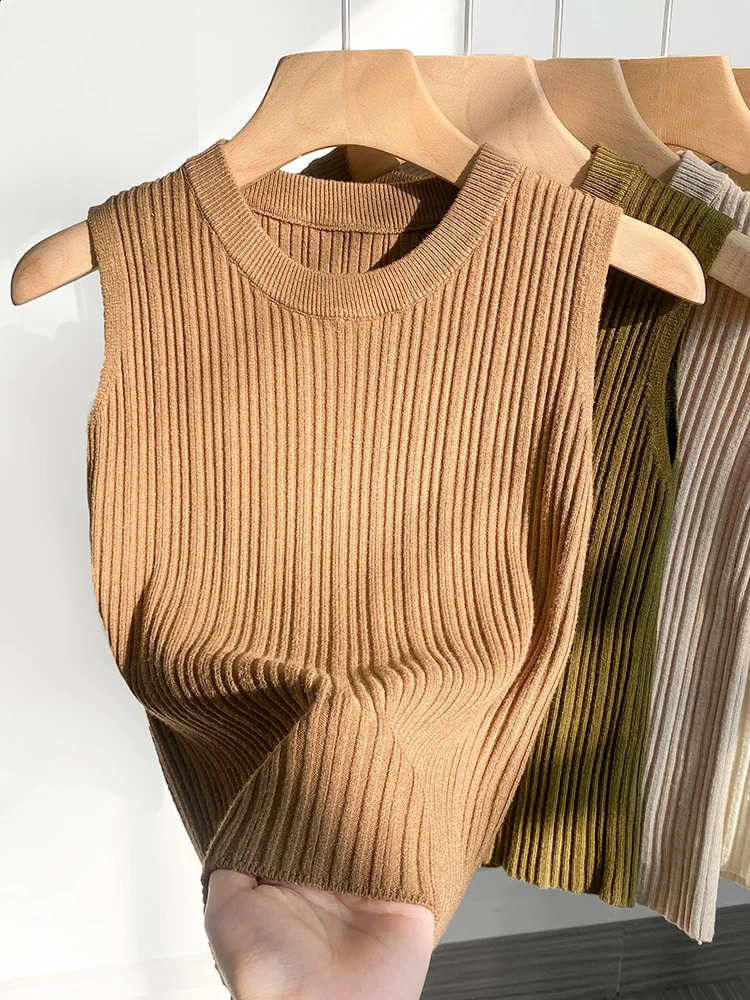 AOSSVIAO Korean Knitted Vest Womens O-neck Solid Vest Blusas Y2K Summer Fashion Womens Sleeveless Casual Thin Top 250422