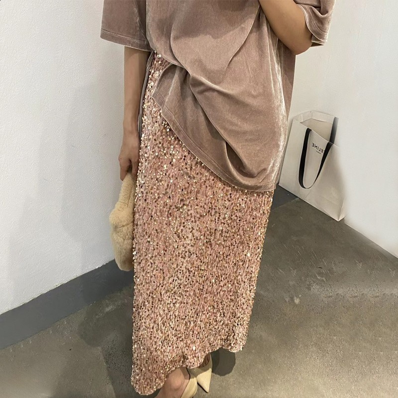 2025 New Fashionable High Waist Slimming Glitter Half Skirt for Women with Elastic Waist and Back Split Elastic Straight Tube Long Skirt 241 b22