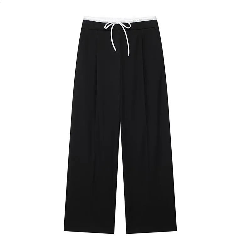 Womens casual loose wide leg pants with fashionable side zipper splicing work high waisted pants street clothing version straight pants 250427