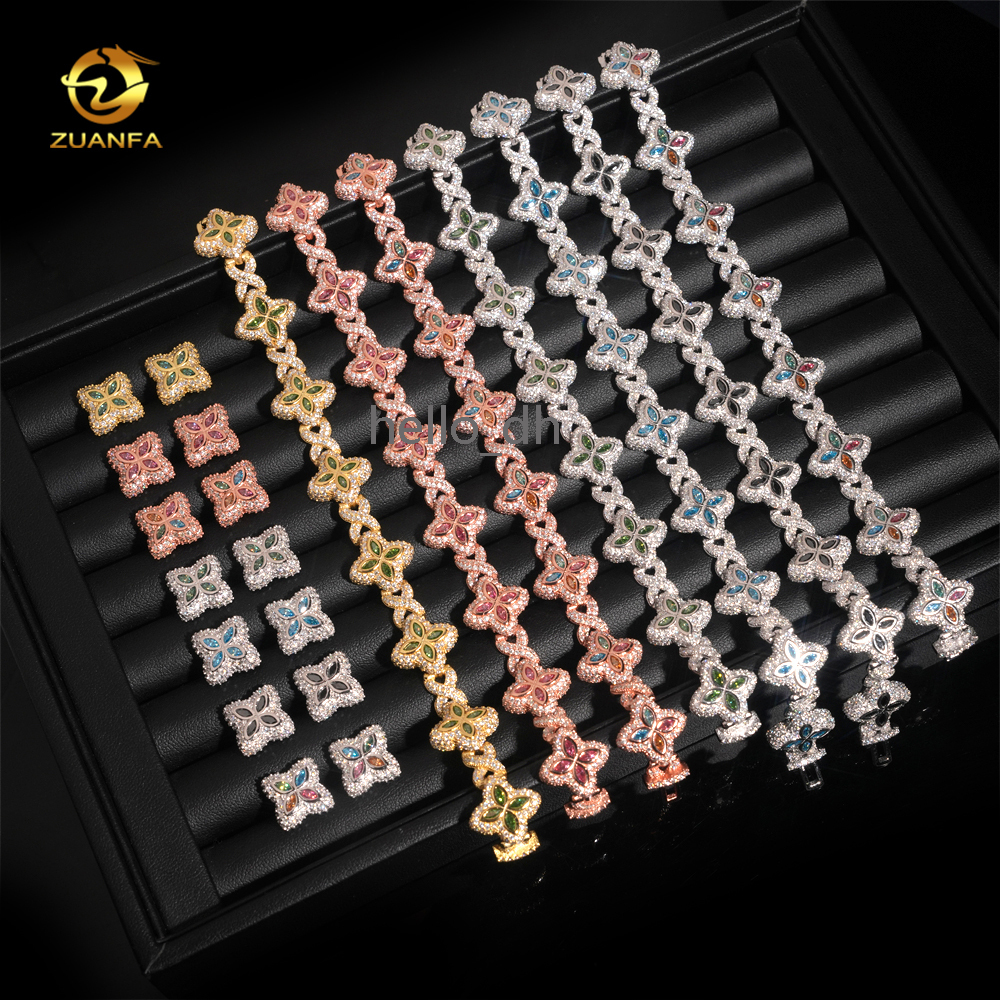 Hot Sale 15mm Color 925 Silver Moissanite Diamond Hip Hop Jewelry Iced Out Moissanite Cuban Link Bracelet Earring Set