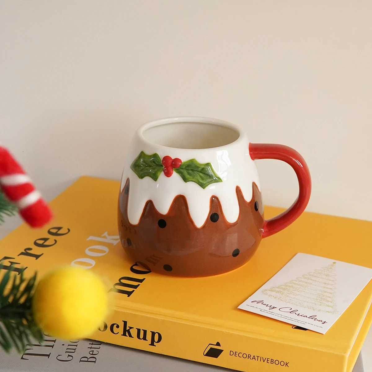 1Pc Christmas Pudding Ceramic Mug Creatively Designed Cake Coffee Cup with Sauce Exquisite and Beautiful Suitable for Christmas C251127