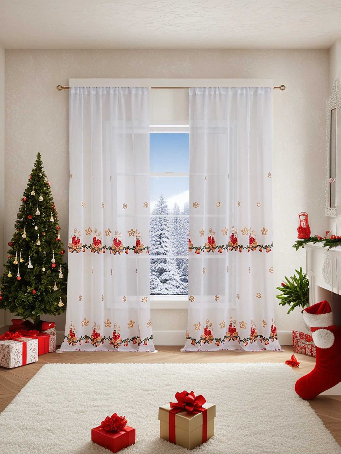 Curtain Christmas Christmas Candle Embroidered Curtain Sheer for Living Room Bedroom Festive Atmosphere Pole Pocket Curtain Y251126
