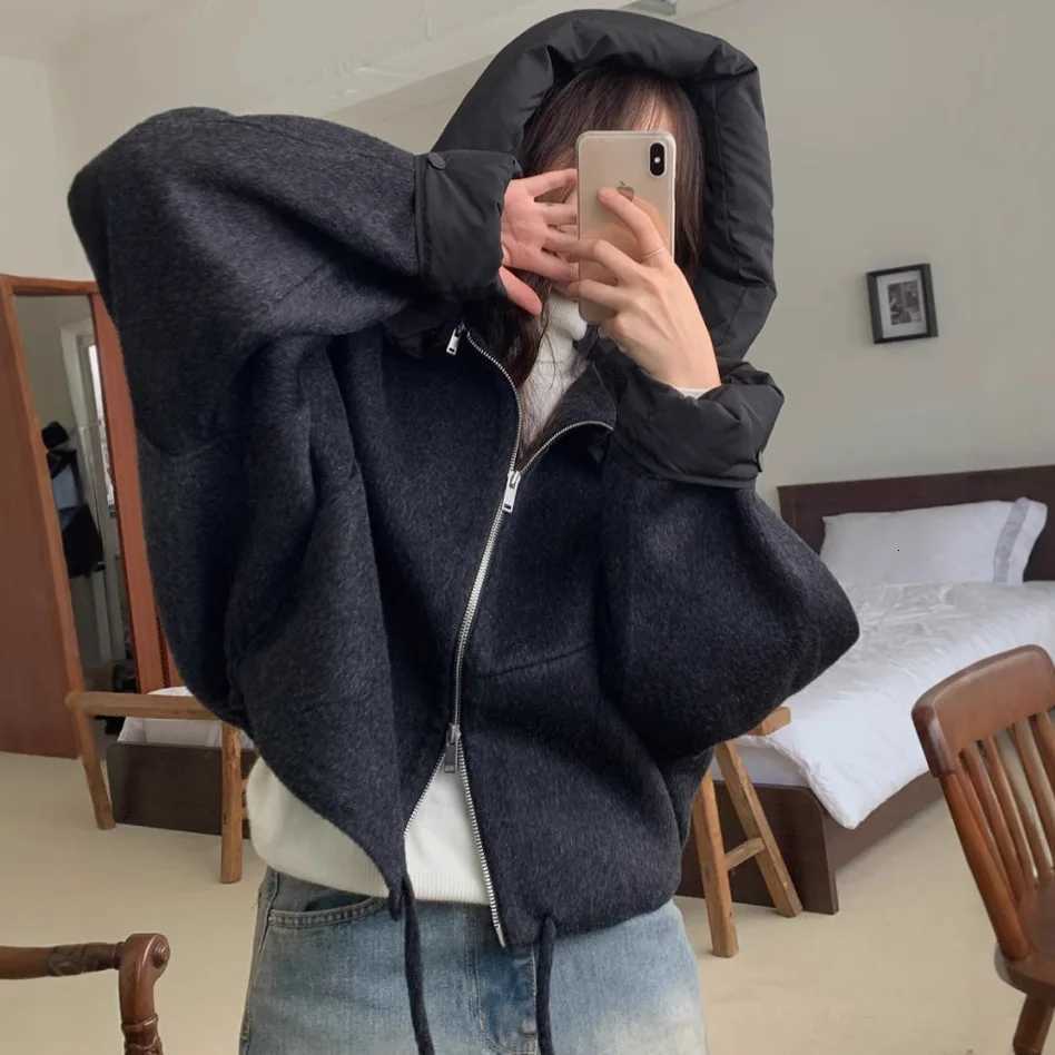 Solid Wool Coat Women Casual Hooded Y2k Loose Zipper Blends Cardigan Full Sleeved Thick Warm Outwear Jackets Autumn WinterXJ251127