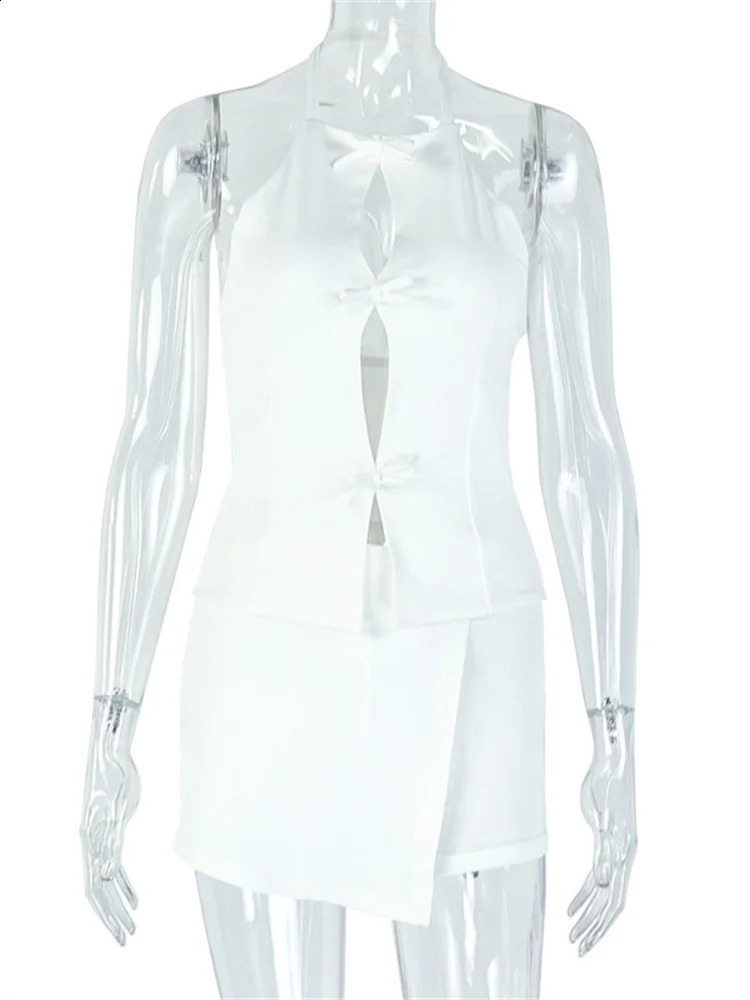 Strange Cat Irregular Sexy 2-piece Womens Ring Hollow Knot Backless TopThin Peach Hip Tight Midnight Girl Wild Set 250423