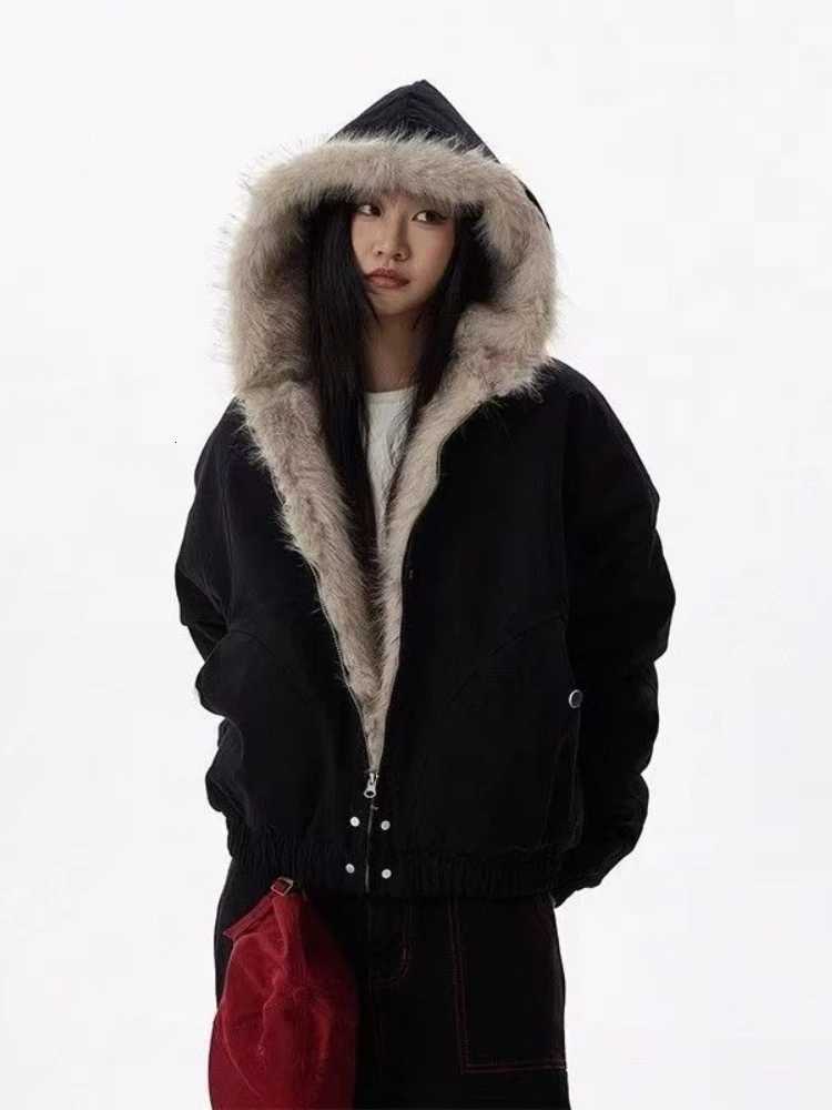 American Style Retro Hooded Jacket Winter Gothic Harajuku Fashion Black Coat Casual Outerwear Y2k Fur Collar Parkas Woman ChicXJ251127