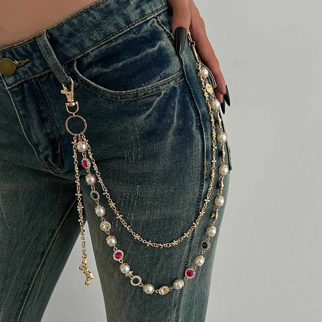 Ingemark Exquisite Luxury Imitation Pearl Acrylic Rhinestone Pants Chain Women Punk HipHop Cross Pendant Jeans Chain Men JewelryT251127