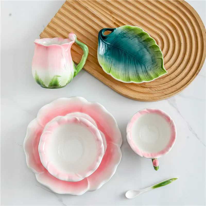 Ceramic Rose Coffee Cup Saucer Exquisite Butterfly Kettle Afternoon Camellia Flower Teacup Flower Decoration Milk Coffee Cup New C251127