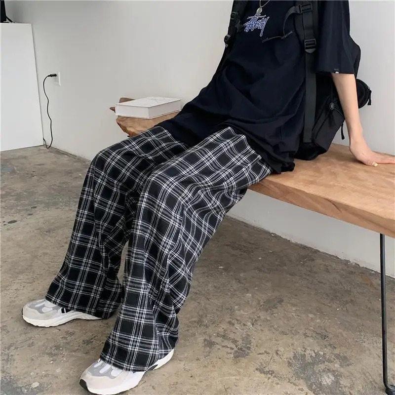 Ultra thin womens sports summer fashion black checkered pants elastic waist casual pocket student unisex Trouser Z260314