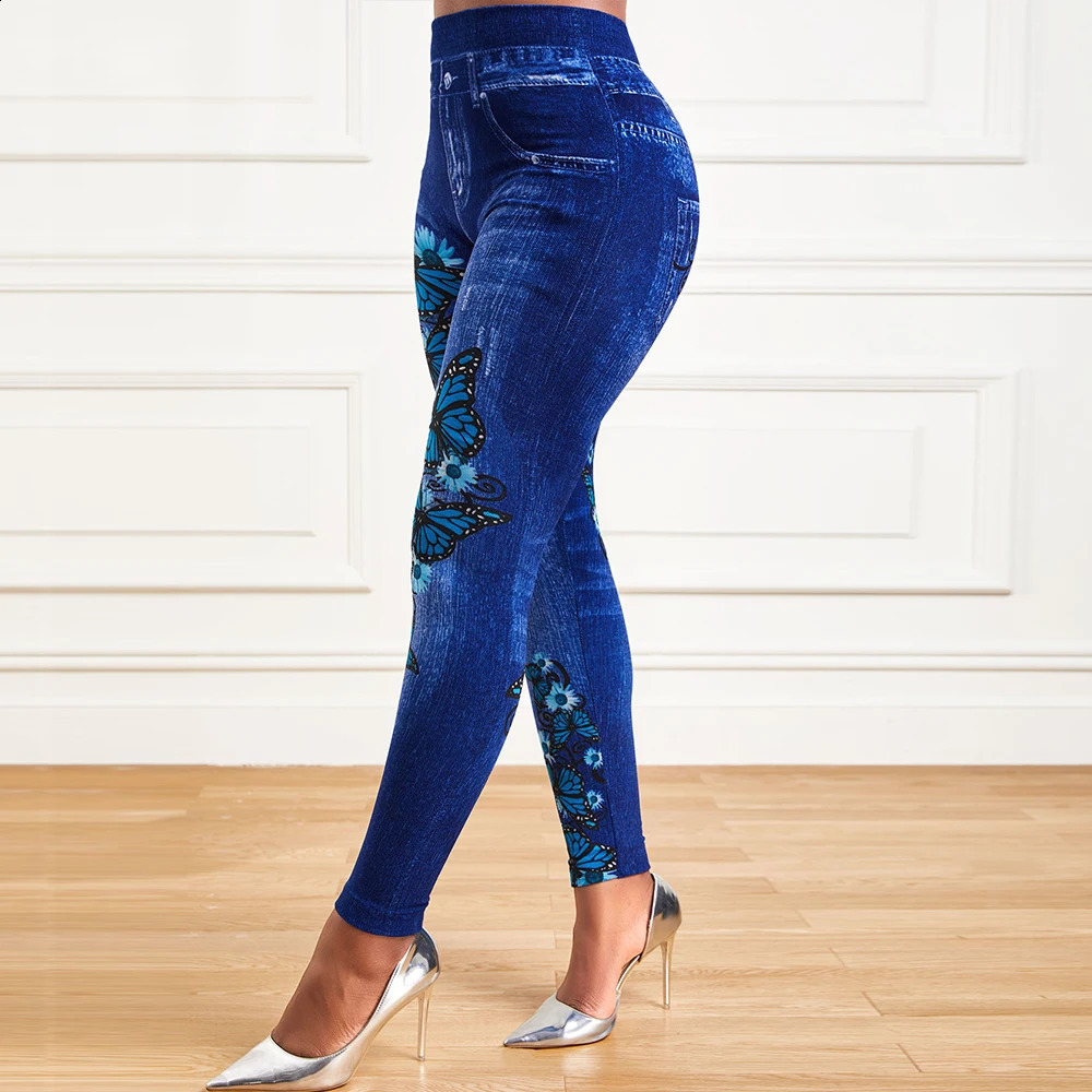 Plus size ultra-fine womens high waist elastic long leg denim appearance tight jeans womens fashionable printed pencil pants clothing250425
