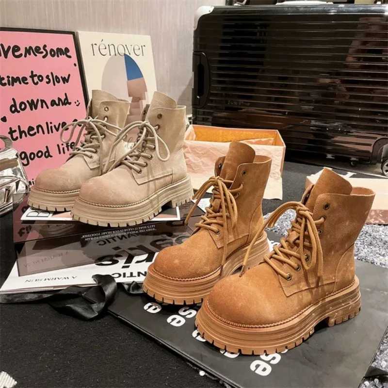 2025 New Suede Leather Thick Sole Ankle Boots Lace-up Round Toe Block Chunky Heel Solid Fion Wens Fion Short Boots Y251126