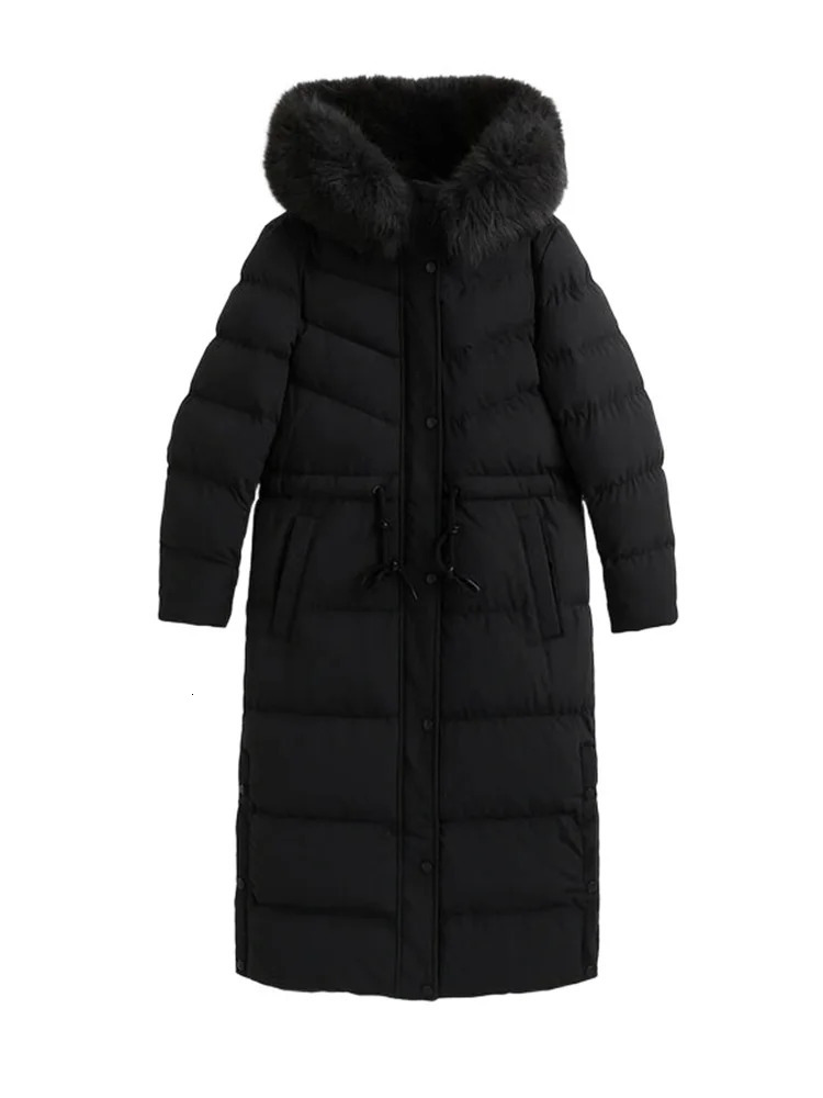 Womens Winter Long Down Jacket With Hood Drawstring Waist Fur Collar Zipper Quilted Padded Jackets 2025 Warm Parka Outwear 251126