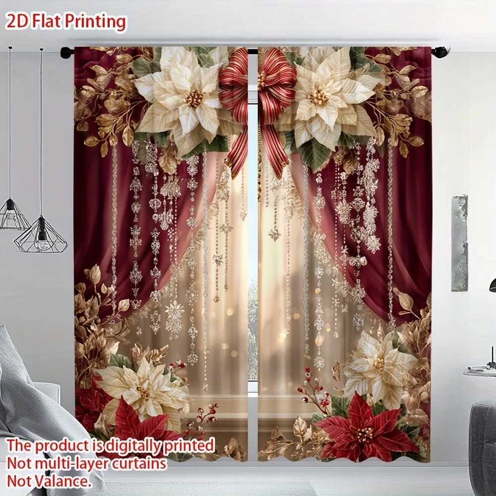 Curtain Christmas 2pcs Elegant Christmas Print Curtains Poinsettia Gold Floral Design for Bedroom Living Room Kitchen Office Y251126