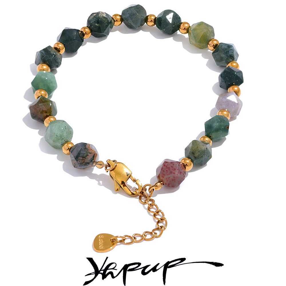 Yhpup Indian Agate Natural Stone Beads Chain Men Bangle Stainless Steel Wrist Handmade Summer Jewelry Waterproof C251105