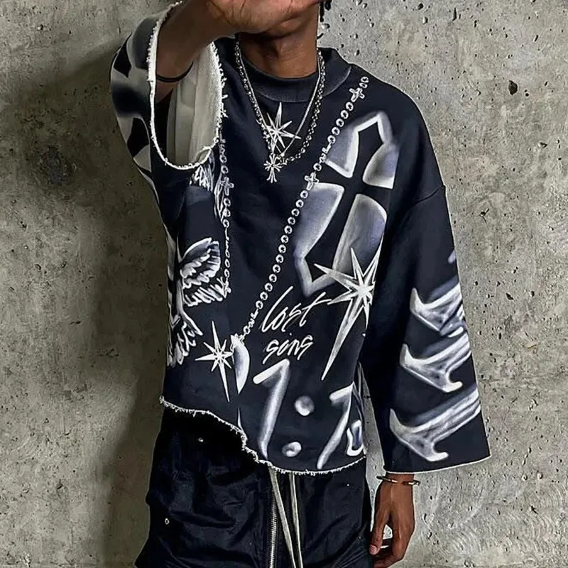 Y2k HipHop Oversized Graphic Full Print Cropped Top for Men Loose Three Quarter Sleeve Tees Retro Tie Dye Cross T Shirts Gothic 251126