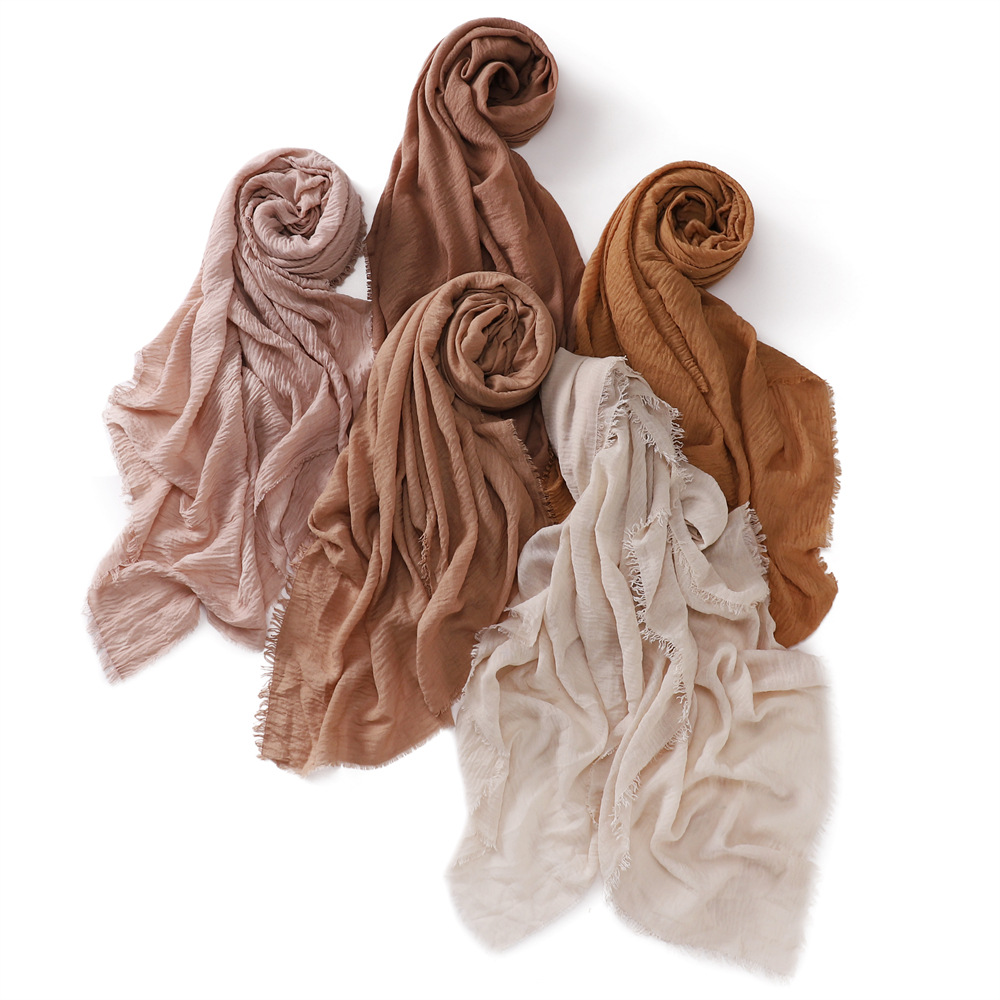 K539 Cross-border solid color cotton and linen breathable gauze scarf high quality encrypted sunscreen women's four-circle fringed shawl Malay he