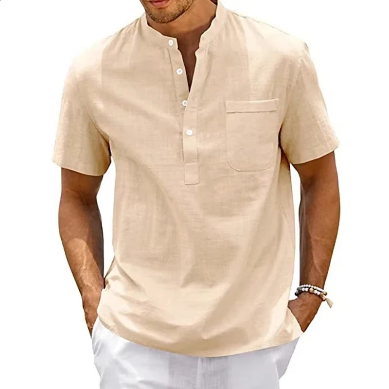 Summer mens cotton short sleeved T-shirt solid color stand up collar loose pull up shirt thin soft button T-shirt top 250427