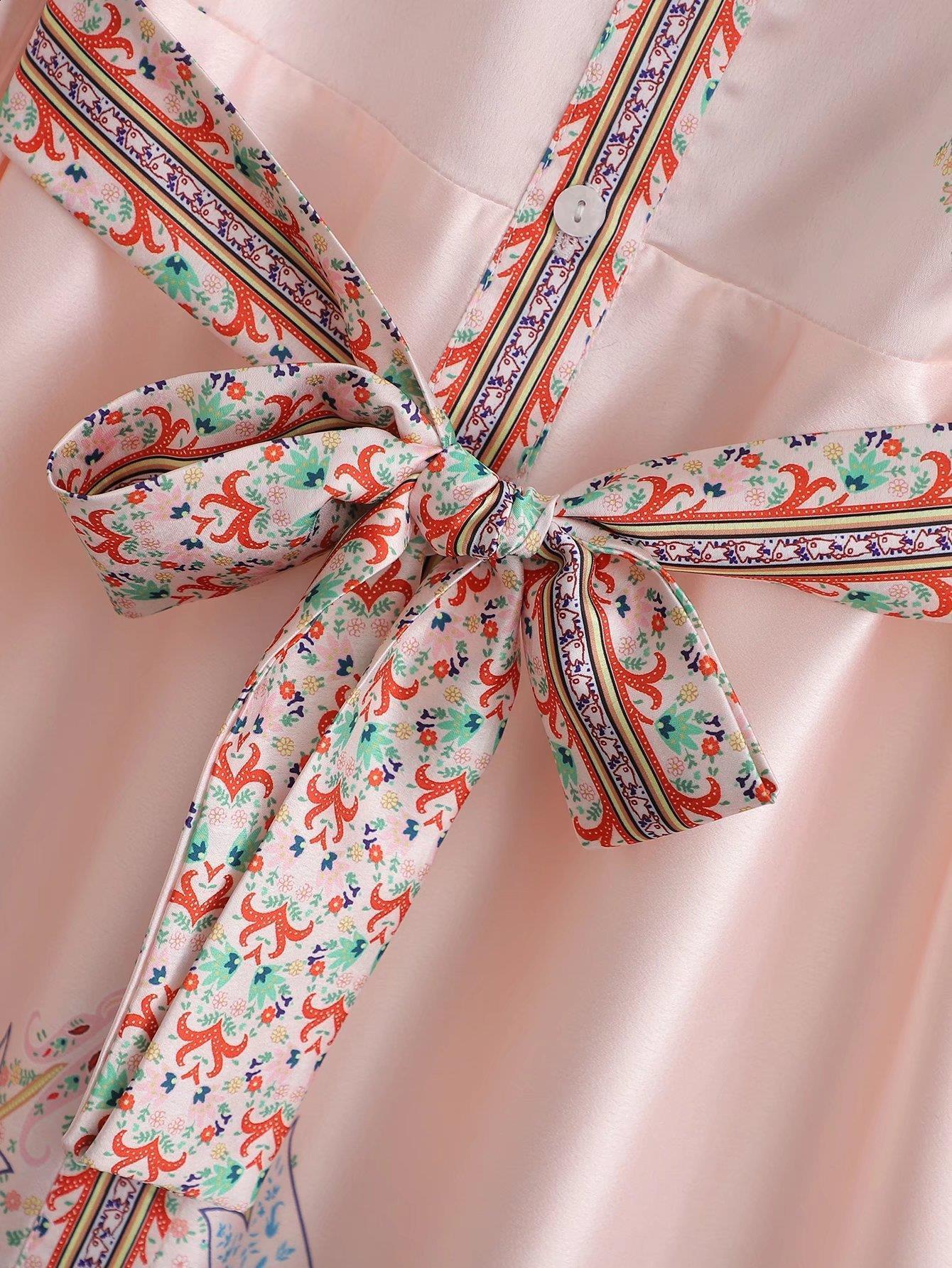 Womens autumn temperament lapel waist cinching slimming single breasted printed A-line dress elegant long skirt