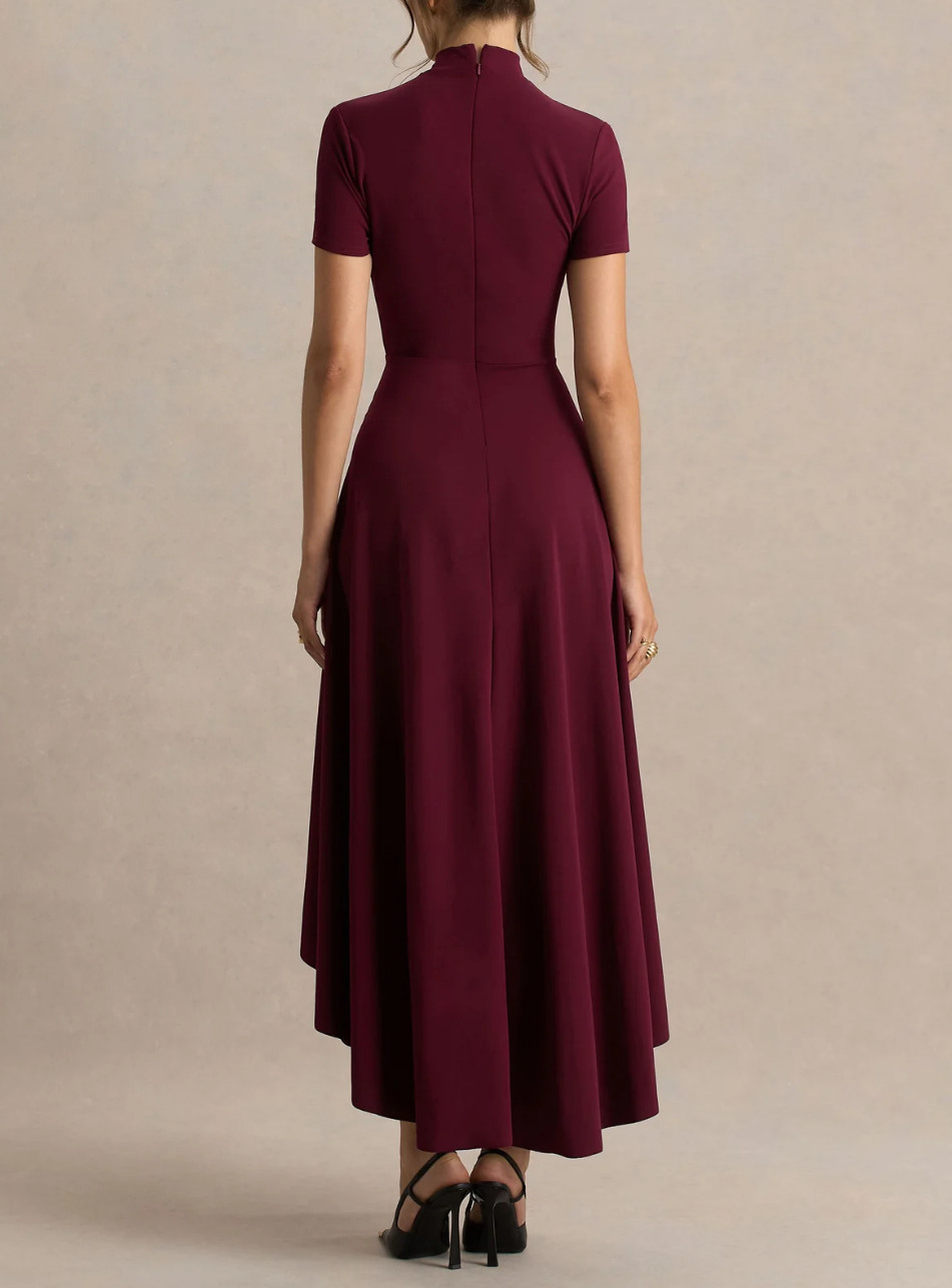 Burgundy Turtleneck Midi Dress: Premium Stretch Fabric, Asymmetric High-Low Hem, Slim-Fit Flared Skirt for Elegant Formal & Casual Occasions-L8
