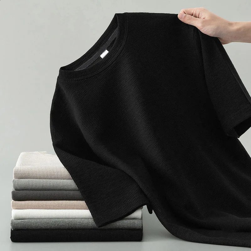 1 mens summer T-shirt mens short sleeved waffle solid T-shirt mens solid color casual tee round mens round neck fashionable top 250427